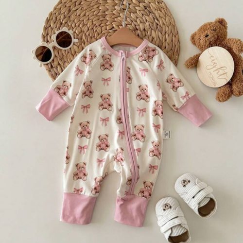 Newborn Baby Girl Cute Knitted Colorblock Cartoon Bear Pattern Long Sleeve Romper Pajamas