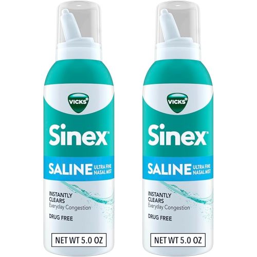 Vicks Sinex SALINE Nasal Spray, Drug Free Ultra Fine Mist, Clear Everyday Sinus Congestion Fast, Clear Mucus from a Cold or Allergy, Daily Use 5.0 fl oz x 2