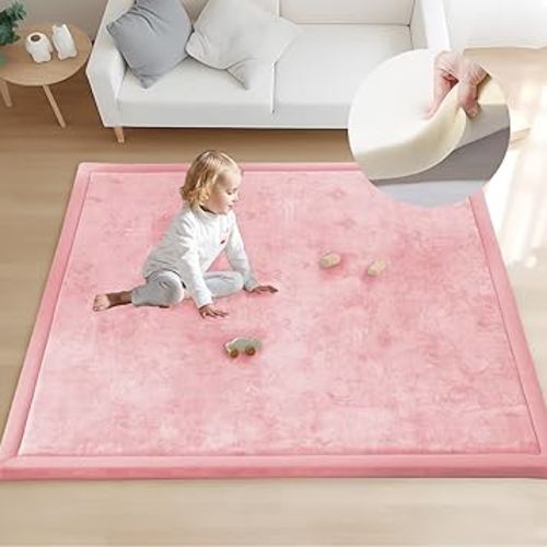 ACOMOPACK Baby Play Mat for Floor 1.3" Thick Memory Foam 50x50 Soft Velvet Playpen Mat for Kids,Infants,Toddlers,Tummy Time Crawling Mats with Non-Slip Bottom,Yoga,Tatami,Nursery Rug（Pink）