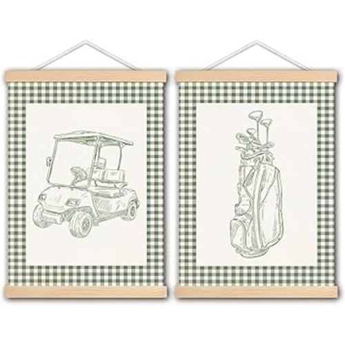 DNEULYR Sage Green Checkered Golf Wall Art Poster, Golf Nursery Wall Decor, Retro Golfing Golfer Poster Hanger Frame for Kids Boys Room Bedroom Nursery Playroom, 12x16 Inches Set of 2