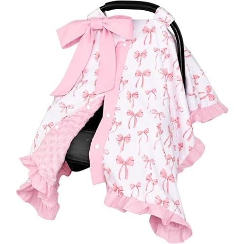 Baby Car Seat Cover with Ruffle Hem and a Removable Bow, Minky Carseat Cover Baby Girl, Peekaboo Opening Infant Car Seat Cover, Breathable Baby Car Seat Canopy for Summer, Pink Bow