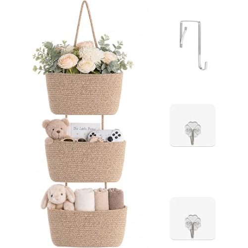 ICERZCZ Hanging Baskets for Organizing, Over the Door Decorative Storage Organizer, Nursery Decor Organization, 3-Tier Wall Basket for Entryway Playroom Bathroom Closet, Mixed Brown