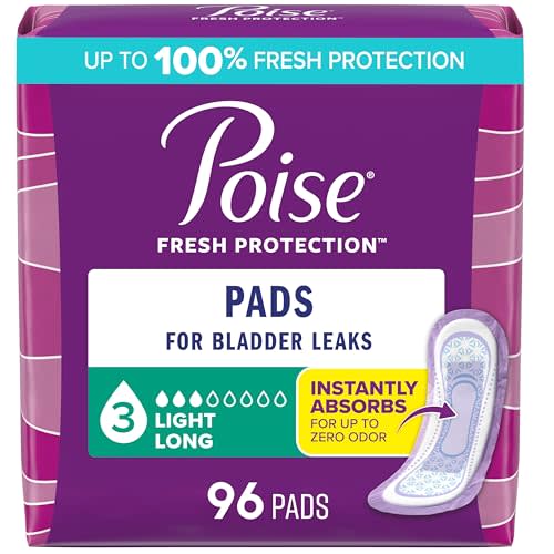 Poise Incontinence Pads & Postpartum Incontinence Pads, 3 Drop Light Absorbency, Long Length, 96 Count (4 Packs of 24), Packaging May Vary