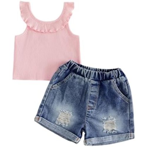 Toddler Baby Girl Summer Clothes Ruffle Sleeveless Tank Top Shirt Ripped Jean Shorts Denim Outfits for Girls