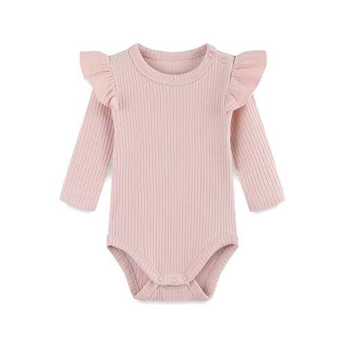 Baby Girl Knit Ruffle Outfit Clothes Ribbed 100% Organic Cotton Solid Color Long Sleeve Romper Clothes 0~24M