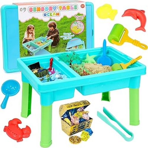 Ocean Sensory Table with Sands, Bin with Lid, Indoor Outdoor Use, Sand Art Kit for Boys and Girls, Toys for Toddlers Age 3-5, 17x11.5x10.2 Inches