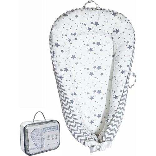 Baby Lounger | Organic Cotton Infant Lounger | Reversible, Adjustable & Portable Floor Lounger |Supervised Use | Soft, Breathable, Washable Cover - Star Collection (Sage Leaf)