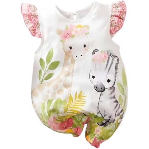 Aoswep - Cute Giraffe + Zebra With Floral Print Long Sleeve Baby Girl Clothes White Jumpsuit For Baby One-Piece Romper