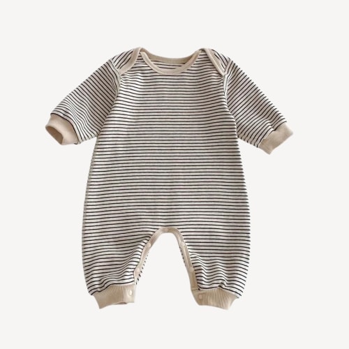 Neutral Beige Striped Baby Romper - Soft Cotton Blend Long Sleeve One-Piece (3-18M)