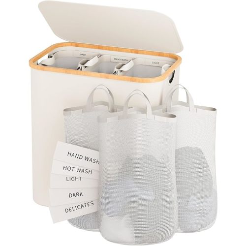 Laundry Hamper with Lid, 160L Dirty Clothes Hamper for Laundry Basket 3 Section, Extra Large Laundry Sorter Hamper 3 Compartment with Removable Inner Bags & Labels, Beige