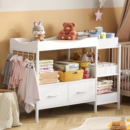 Baby Changing Table with Storage,Heavy-Duty Diaper Changing Station, White Nursery Dresser Organizer with 2 Large Fabric Baby Drawers, 3 Diaper Caddy Bin & Wood Shelf, Kids & Baby Bedroom Furniture