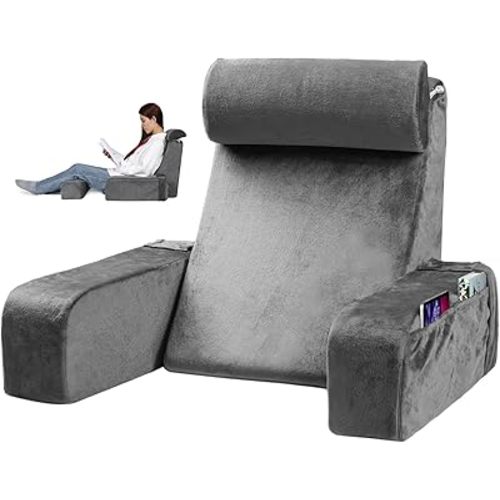 Reading Pillow for Sitting in Bed Adult - Back Pillow for Bed Sitting Up - Back Support Pillow with Detachable Neck Roll & Arms - Reading & Bed Rest Pillows for Watching TV/Reading/Gaming