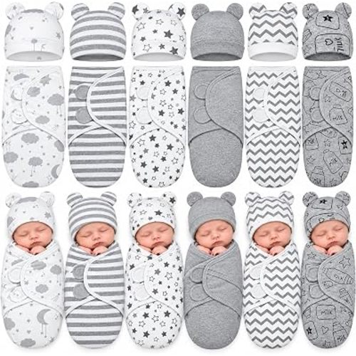 Ramede 6 Pack Baby Swaddle Blankets with Hats,Star,Grey