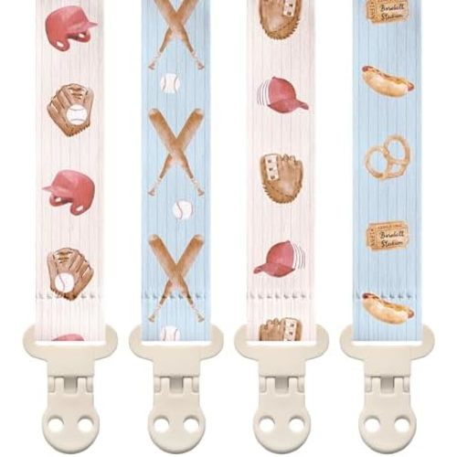 Stadela Baby Fabric Pacifier Clip Holder, Plastic Clip, 4‑Pack, Sport Pattern, Baseball Set