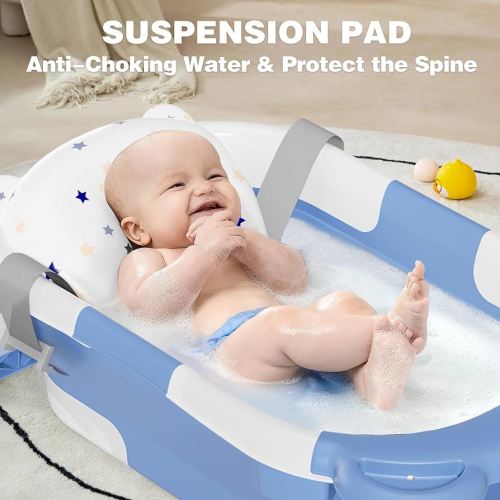 MoreFeel Collapsible Baby Bathtub for Newborn with Thermometer & 1 Hooded Towel & 1 Soft Floating Cushion,Portable Travel Bathtub with Drain Hole, Durable Foldable Baby Tubs for Infants to Toddler