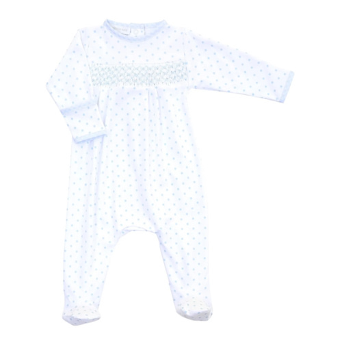 Magnolia Baby Gingham Dots Smocked Footie in Light Blue