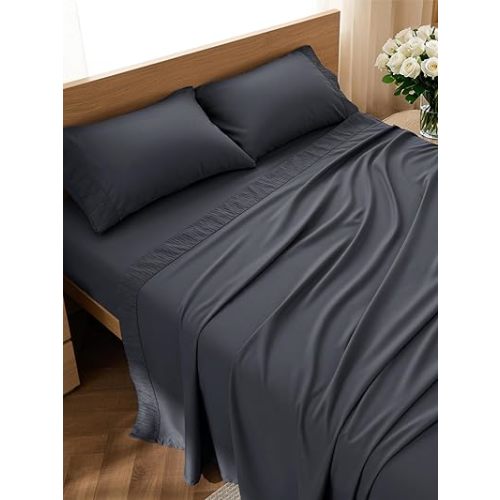 Bedsure King Size Sheets Set - 4 Pieces Soft King Sheets - Breathable & Cooling - Hotel Luxury - Easy Care Polyester Microfiber Bedding for Women, Men, Dark Grey