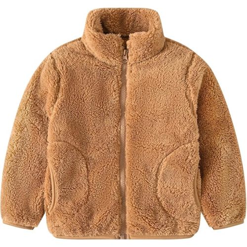 Kids Fall Winter Coat Zip Up Fleece Jacket with Pockets Warm Plush Outwear Boys Girls Stand-Up Collar Cute Tops
