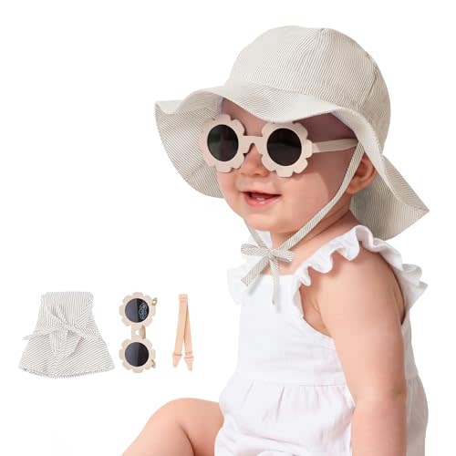 Durio Baby Sun Hat and Sunglasses - UPF50+ Sun Protection Hat for Boy Girl, Wide Brim Summer Beach Hats for Newborn Toddler