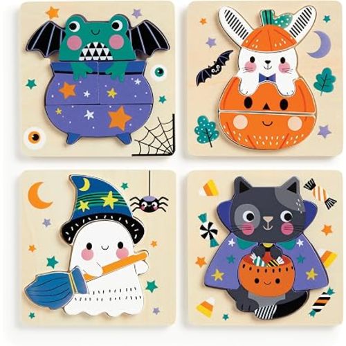 Mudpuppy Spooky Friends – Set of 4 Wooden 4 Piece Puzzles Featuring A Colorful Halloween Scene with Adorable Characters Perfect for Toddlers, Montessori Toys for 1-3+, FSC Certified