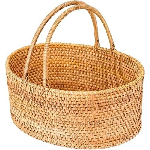 Handwoven Rattan Basket with Handle, 12.6 x 9 x 5 Inch, Handmade Storage Basket for Fruit Storage, Bread Serving and Decorative Display