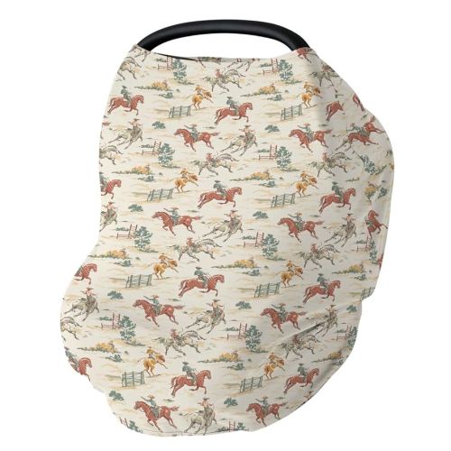 Vintage Western Cowboy Baby Car Seat Covers Retro Cowboy Horse Plant Stretchy 5-in-1 Cover Adjustable Infant Carseat Canopy Cover Wild Desert Country Breathable Nursing Cover-Up
