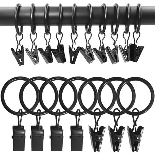 100 Pack Curtain Rings with Clips, Drapery Clips with Rings, Drapes Rings 1.26 in Interior Diameter, Fits up to 1 Inch Curtain Rod, Black