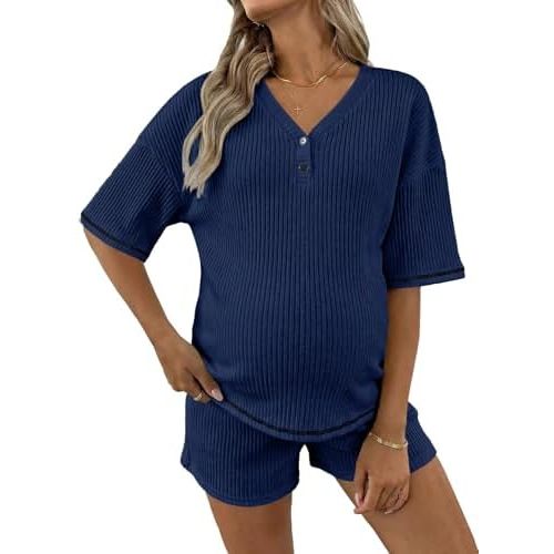 BLENCOT Womens Maternity Nursing Pajamas Set V Neck Short Sleeve Button Shorts Soft Pj Sets Pregnancy Summer Outfits