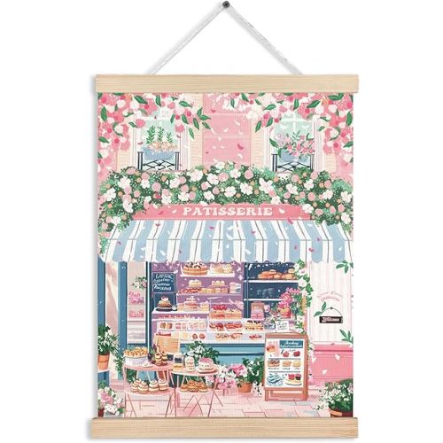 French Patisserie Café Parisian Bakery Wall Art, Bakery Decor, French Country Pink Aesthetic Canvas Wall Art Poster Hanger Frame for Cafe Dessert Shop Bakery Kitchen, 12x16 Inch
