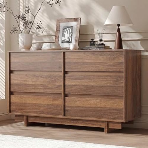 CHUWELL 47" Wide Dresser for Bedroom, Walnut Mid Century Modern Dressers with 6 Drawers, Adequate Capacity Storage,Closet Clothes Organizer for Bedroom