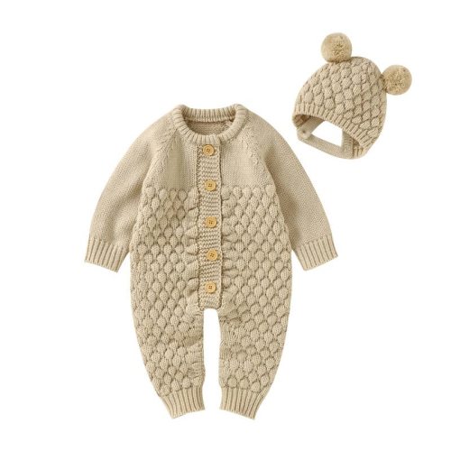 LAWKUL Baby Outfit Cotton Knit Newborn Infant Romper Knitted Longsleeve Sweater Clothes With Warm Hat Set Toddler Boy Girl