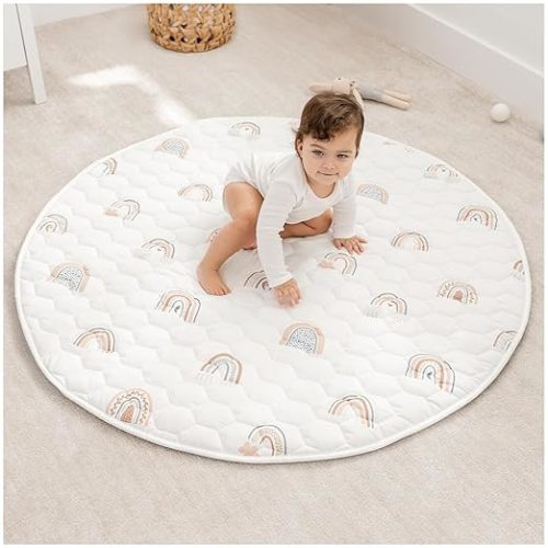 Comfy Cubs Square Kids Play Mat - 56 x 56 inches Soft Quilted Baby Floor Mat with Non-Slip Bottom - Plush Design for Toddlers' Playtime - Comfortable and Durable - Rainbow
