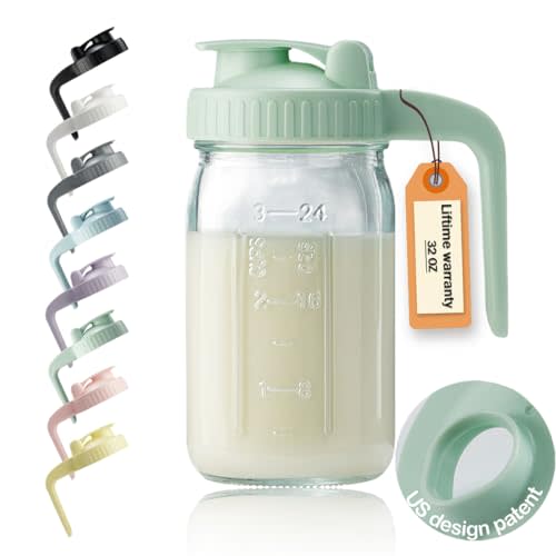 32oz Glass Pitcher with Lid & V-shaped Pour Spout - 1 Quart Breastmilk Pitcher Double Leak Proof, Creamer Container for Sun Tea, Juice, Cold Brew Coffee, Breastmilk Storage Container