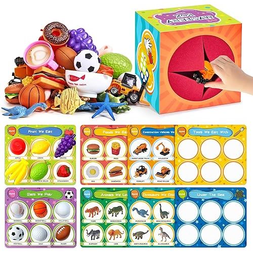 JoyCat Sorting Toys for Toddlers with Sensory Play Box - Autistic Speech Therapy, 48 Toys Dinosaurs, Animals, Fruit, Vehicles, Balls, Food Learning Play Set, Preschool Educational Learning Gift