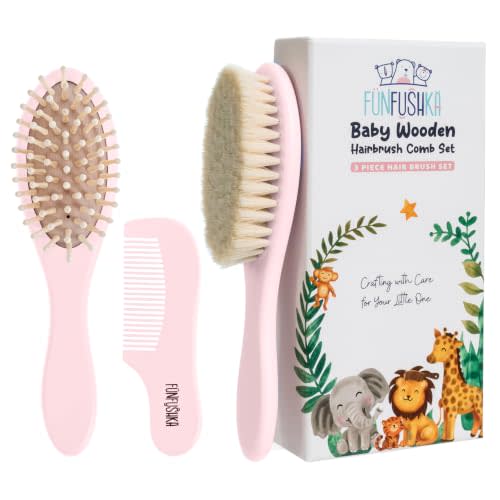 Baby Hair Brush Set for Newborns - Baby Brush and Comb Set - Ultra Soft Goat Hair Bristles, Perfect for Cradle Cap, Newborn Showers & Registries Gift, Comb Brush for Girls & Boys (Rosa)
