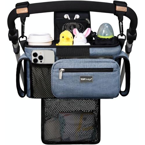 TOPDesign Universal Baby Stroller Organizer, Stroller Caddy with Detachable Mesh Bag & Heightened Insulated Cup Holders & Non-Slip Secure Hooks Accessories, Fits Most Strollers (Blue)