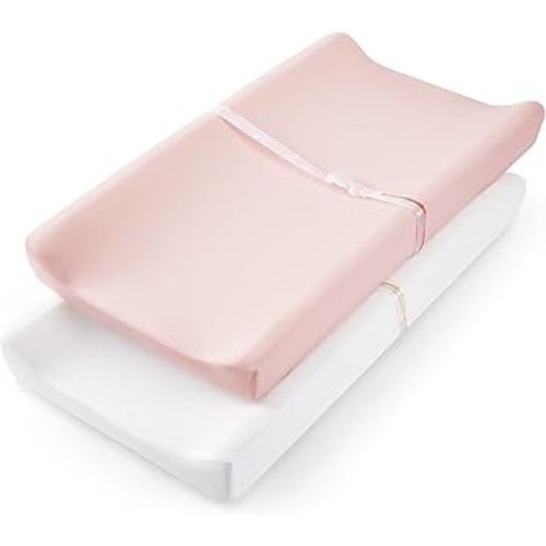 TILLYOU Changing Pad Cover Set in Soft Jersey Material - Fits 32"/34''x16 Contoured Pad for Babies,Peachy Pink & White