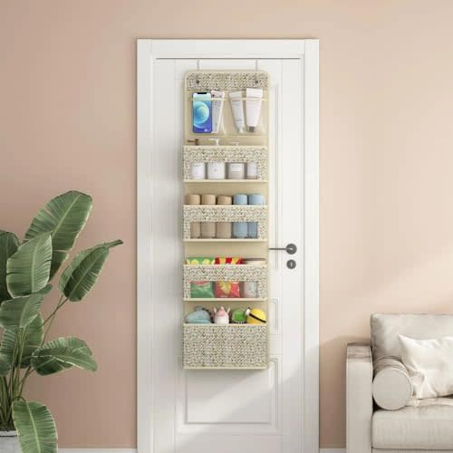 2-Piece 5-Shelf Over-the-Door Hanging Organiser, 4 Large Pockets for Storage, with Clear Plastic Pockets, Large Capacity Over-the-Door Organiser for Closet, Bedroom, Nursery, Bathroom (Beige)