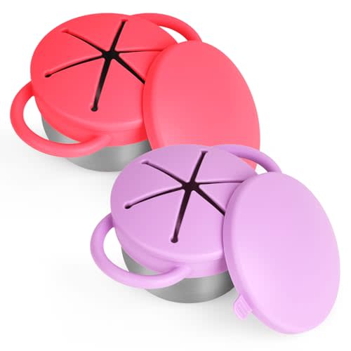 2 Pack Snack Cups for Toddlers Spill Proof - Detachable Stainless Steel Toddler Snack Cups with Silicone Lids & Handles - Dishwasher Safe Baby Snack Containers for Mess-Free Snacking (Red and Purple)
