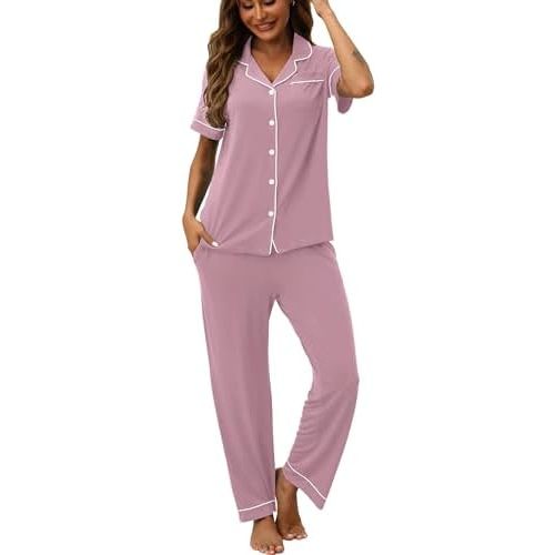 HNG Women Pajamas Set 2 Piece Button Up Pajamas Pant and Short Sleeve Shirt for Woman Pj Sets with Pocket