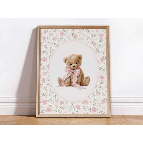 Vintage Girl Nursery Wall Art, Pink Bow Teddy Bear Floral Print, Baby Girl Room Decor Soft Pink Digital Download