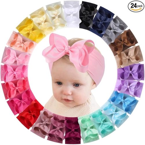 OAOLEER 24PCS Baby Girls Bows Headbands, Nylon Hairbands Ribbon Bow Elastic Hair Accessories for Newborns Infants Toddlers and Kids (Baby Headbands)