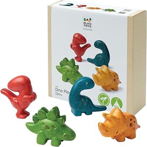 PlanToys® Wooden 4-Piece Dino Play Set | Montessori Creativity, Storytelling and Social Skill Development Activity | Eco Friendly Animal Figurine Toy Set