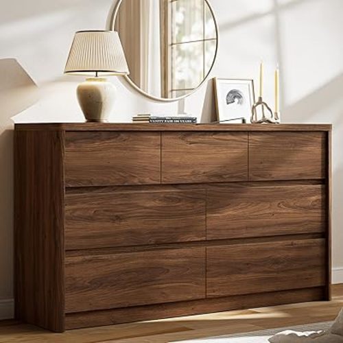 7 Drawer Walnut Dresser for Bedroom, 55" Wide Modern Chest of Drawers with 7 Large Storage Space with Curved Edge Design, Large Dresser for Bedroom,Walnut