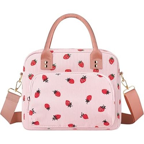 Lunch Bag Large Insulated Lunch Box for Women Adult Cute Pink Strawberry Lunchbox Corduroy Lunch Bags Boxes Pail with Shoulder Strap for Work Mom Picnic Office Travel 11.4×6.8×9.1 inches 11.5L