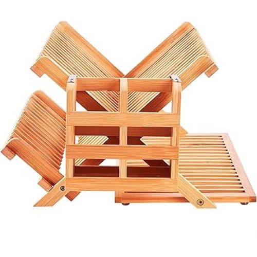 Foldable Bamboo Dish Rack, 3-Tier Wooden Dish Drainer & Utensil Holder for Kitchen - Large Countertop Drying Rack for Dishes and Plates, Natural Compact Storage