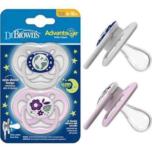 Dr. Brown's Advantage Glow-in-The-Dark Baby Pacifier, Fully Symmetrical Soother with Soft Silicone Bulb, Purple Nature, 6-18m, BPA Free, 2 Pack