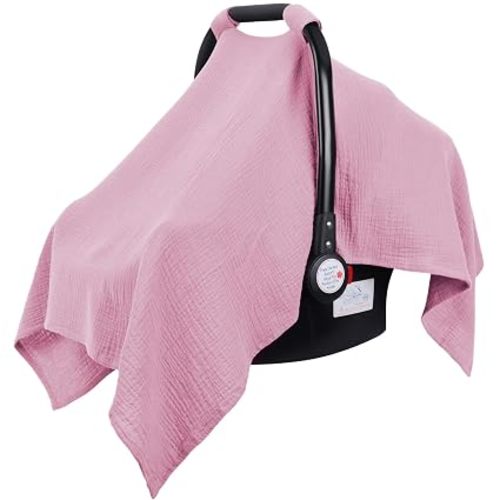 Muslin Car Seat Cover for Baby Girls, 100% Cotton Breathable Infant Carseat Canopy for Summer, Lightweight Stroller Sunshade Covers (Pale Pink)