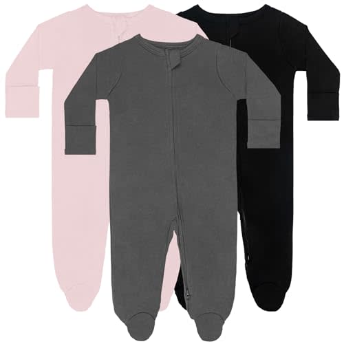 GUISBY Long Sleeve Baby Footed Pajamas with Mittens Cotton Sleepers with Zipper 3-Pack