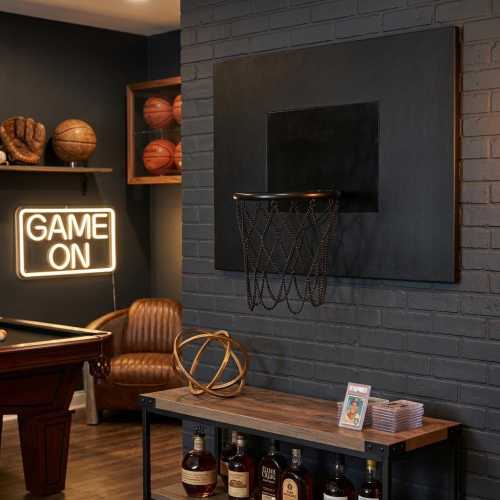Black Leather Basketball Hoop Wall Decor | Indoor Hoop with Chain Net | Modern Sports Room & Man Cave Decor